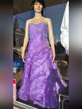 Purple Ruffled Strapless Formal Dress with Crystal Rhinestone Trim